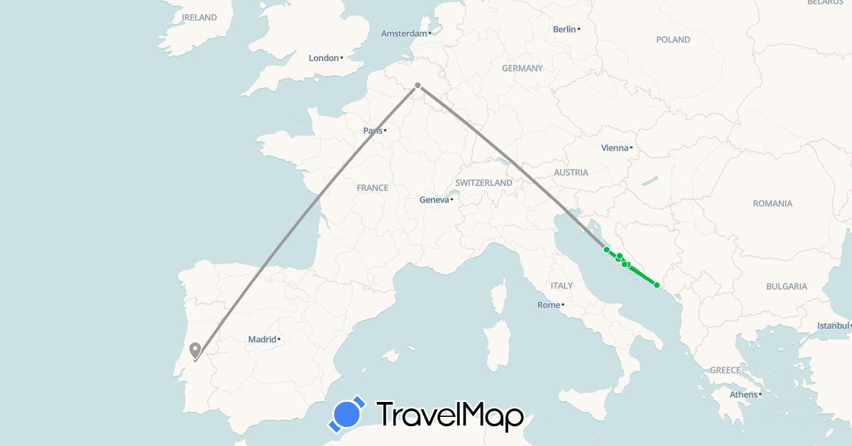 TravelMap itinerary: driving, bus, plane in Belgium, Croatia, Portugal (Europe)